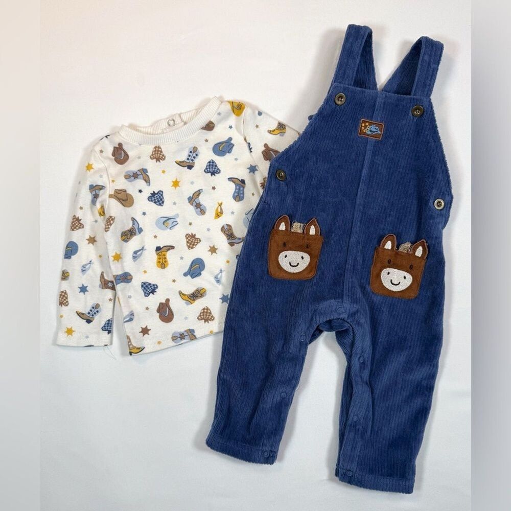BABY STARTERS Boys’ Cowboy Print Shirt and Corduroy Horse Pocket Overalls Set 9M